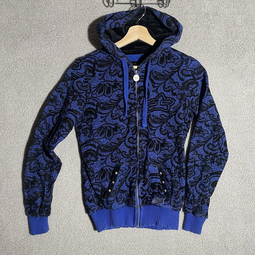 Fox Racing Full Zip Hoodie Womens Medium Blue Black Velvet Grunge Y2K Floral
